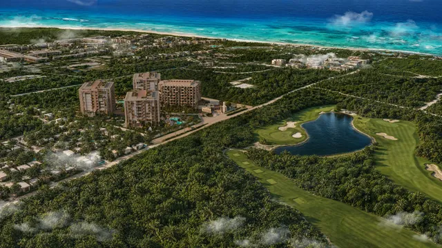 Xoco+ — aerial masterplan view of the full development in tropical context