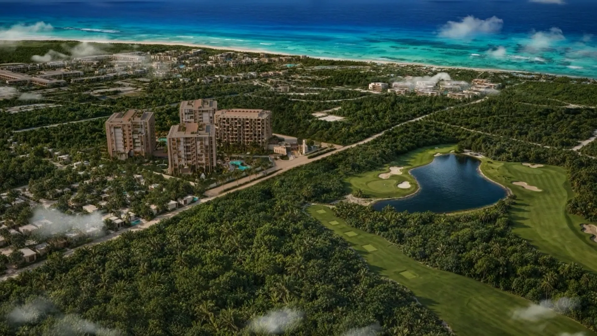 Xoco+ — aerial opening frame of the project film: masterplan, golf and Caribbean coast
